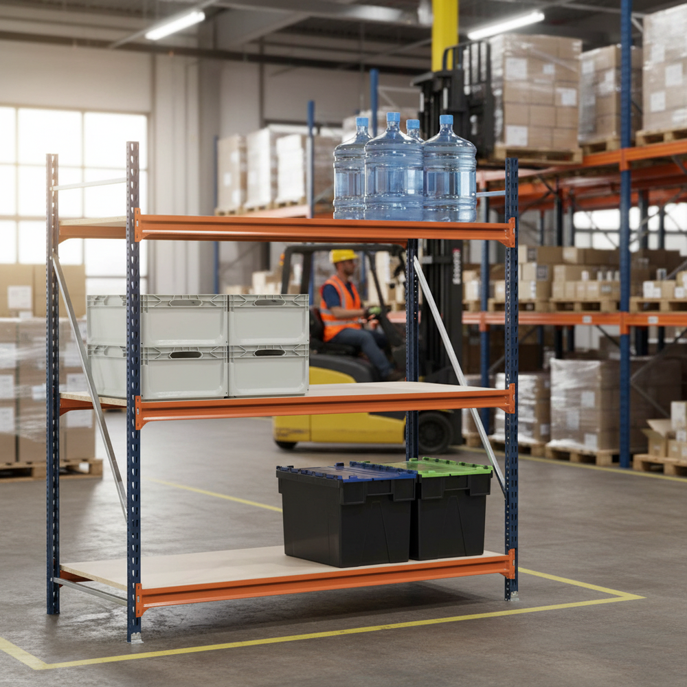 Premium Heavy Duty Longspan Shelving - 2500mm High - Blue & Orange - Side view