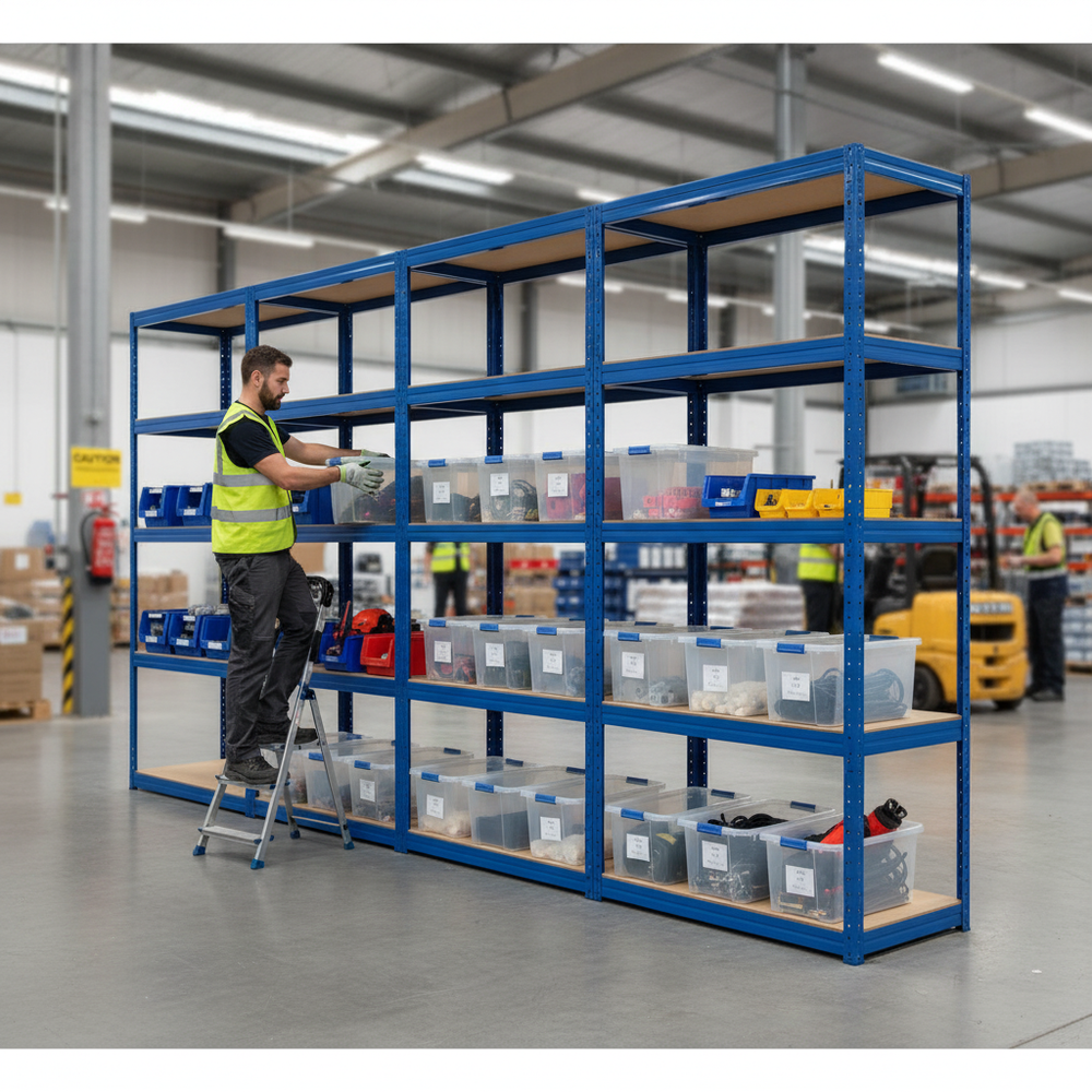 Premium Shelving Units with 8x 60L Storage Boxes - 2130mm High - Side view