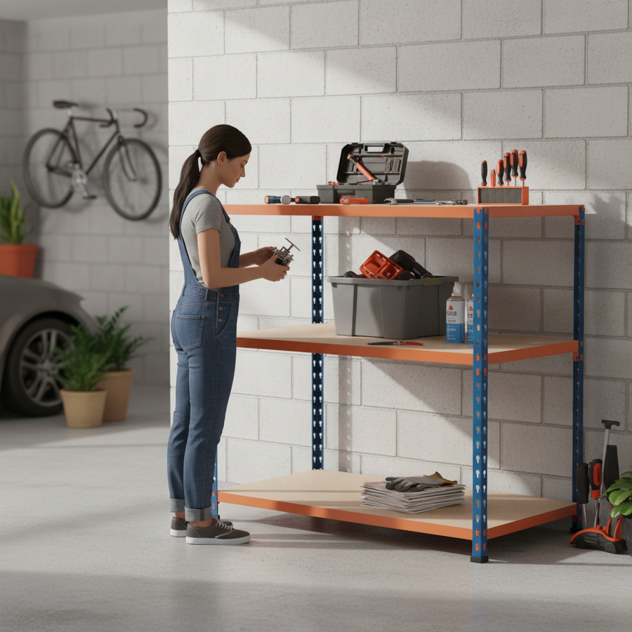 Heavy Duty Workbench - 915mm High - 340kg Capacity - Chipboard - Blue/Orange - Front view