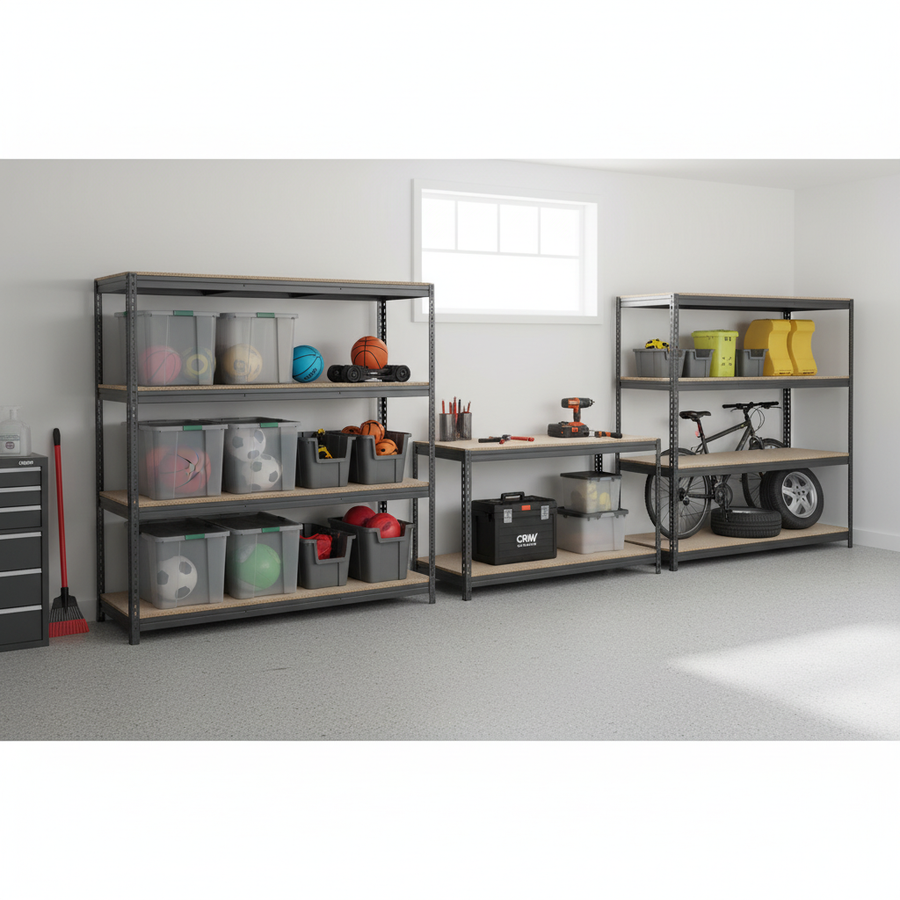 Heavy Duty Industrial Shelving and Workbench Bundle - 1800mm High & 1200mm Wide - Grey - Front view