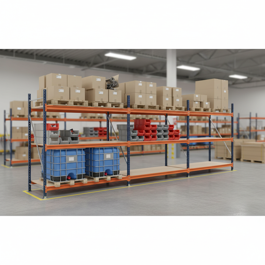 3x Heavy Duty Longspan Shelving - 2500mm High - Blue & Orange - Front view