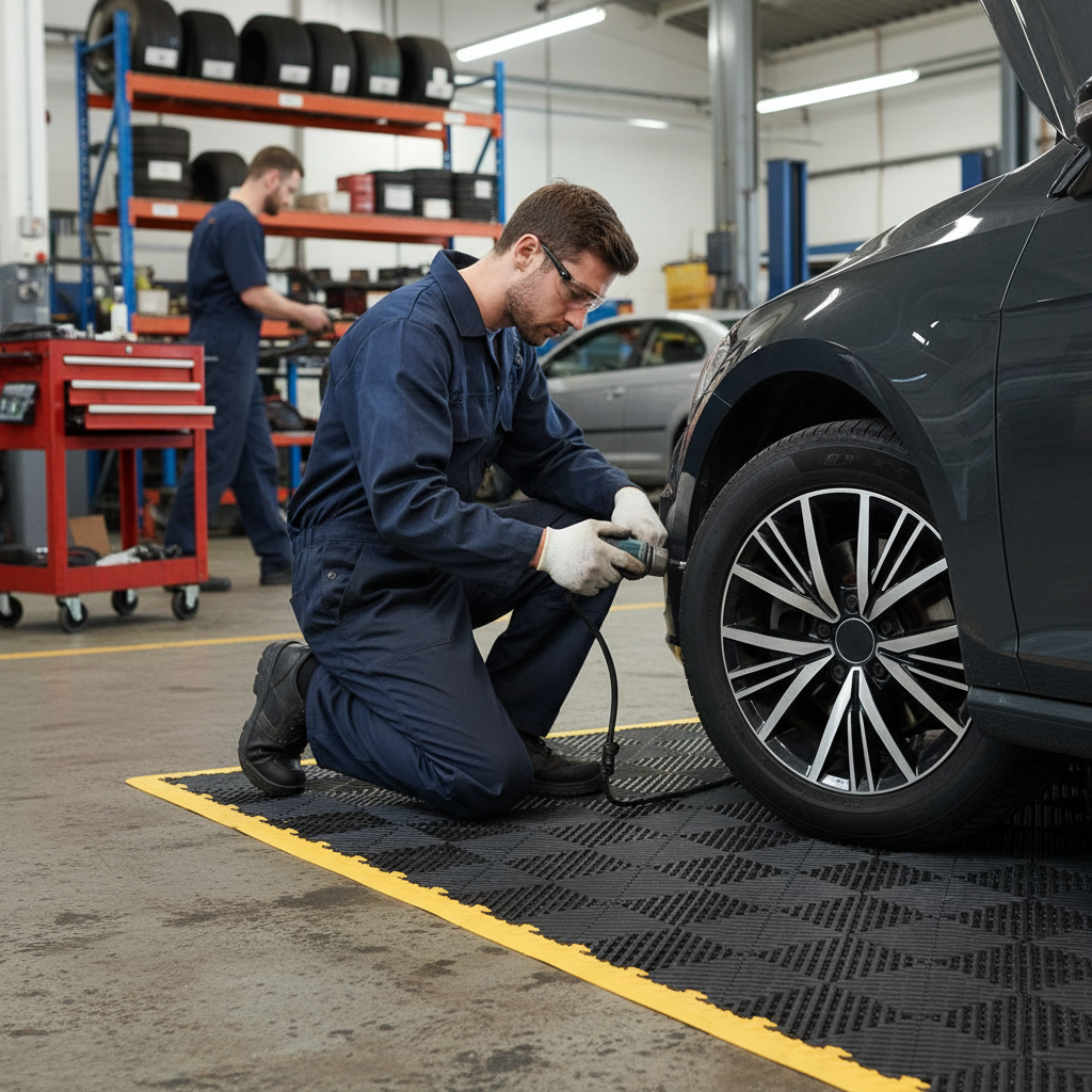 Premium Garage Floor Tiles Kit - Tread Plate Surface for Heavy Duty Use - Front view