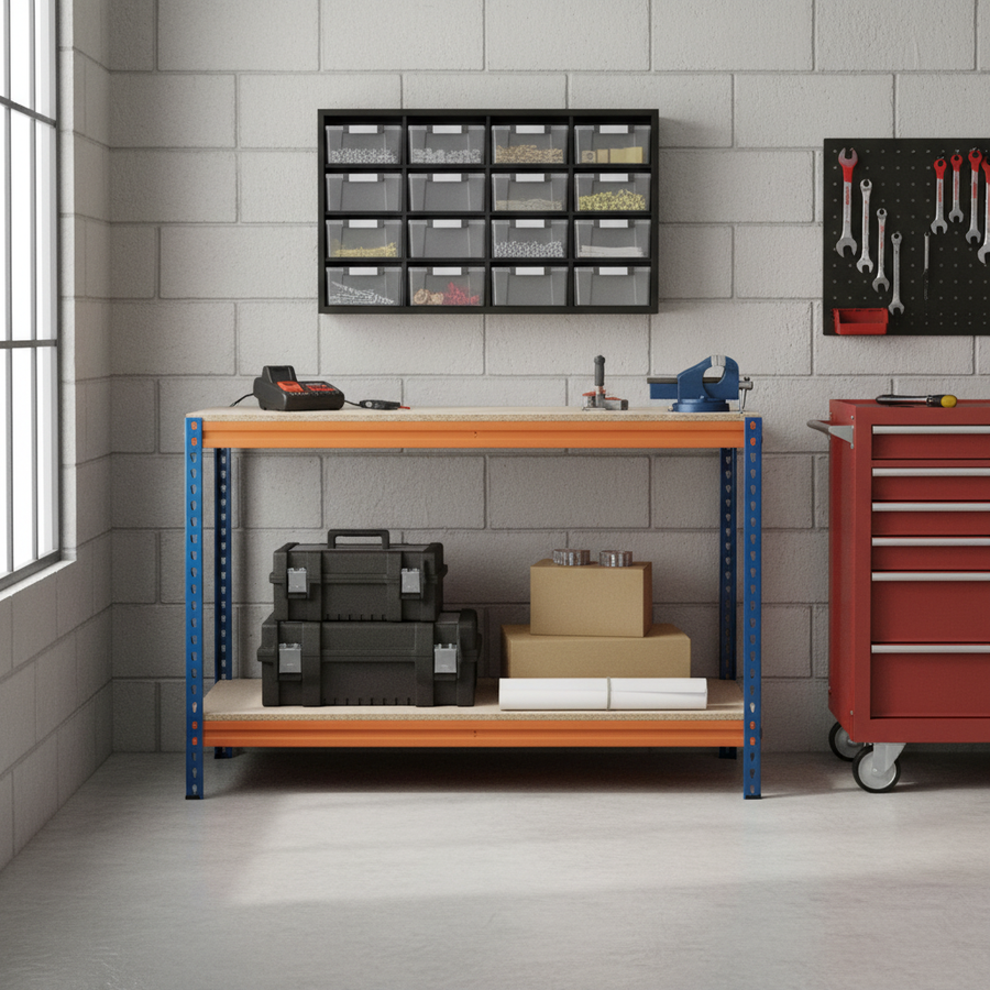 Heavy Duty Workbench - 915mm High - 400kg Capacity - Chipboard - Blue/Orange - Front view