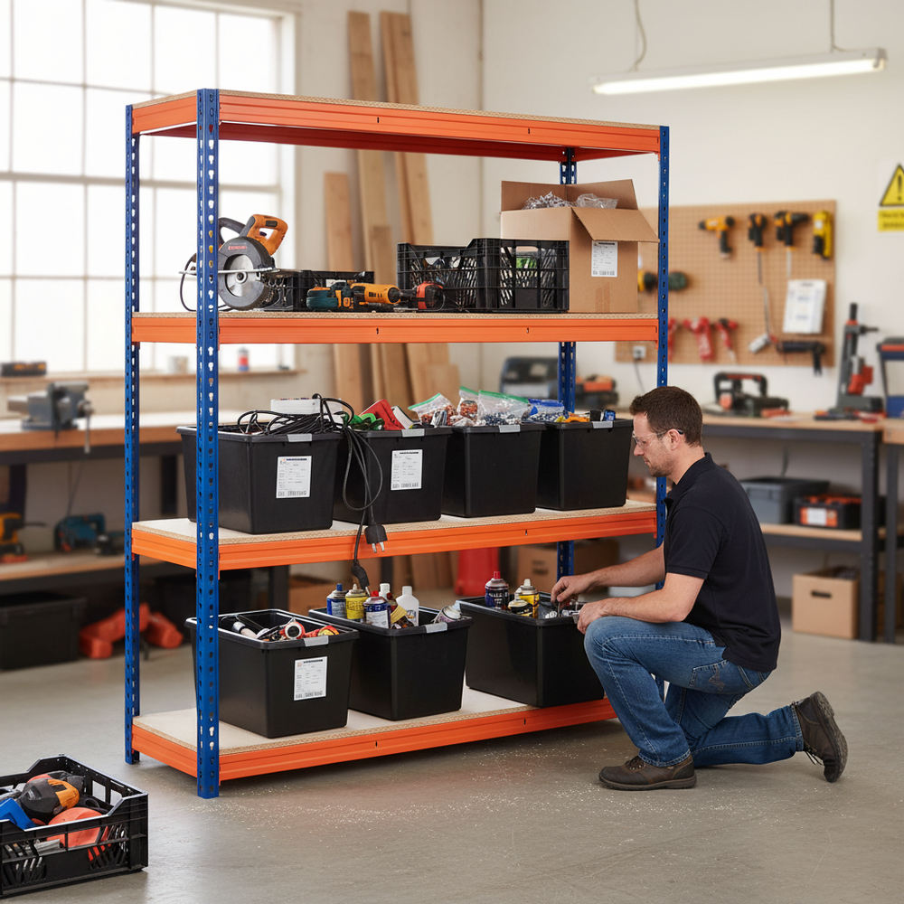 Premium Heavy Duty Shelving with 8x 37L Plastic Storage Boxes - 1800mm High - Side view