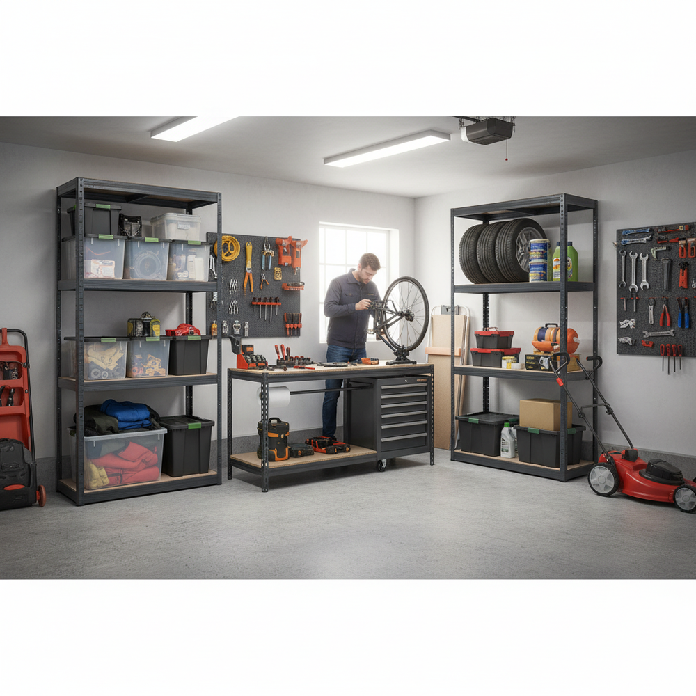 2x Premium Shelving Units - 1600mm High & 1x Heavy Duty Workbench - 1200mm Wide - Grey - Side view