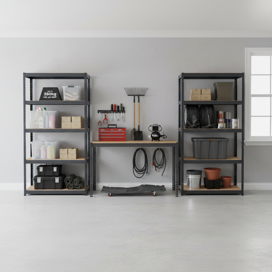 3x Heavy Duty Shelving Units - 1800mm High & 1x Professional Workbench - 1200mm Wide - Grey - Front view