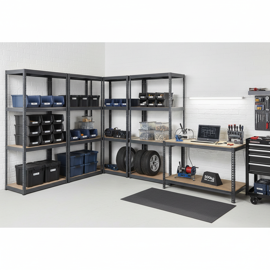 3x Premium Shelving Units - 1600mm High & 1x Heavy Duty Workbench - 1600mm Wide - Grey - Front view