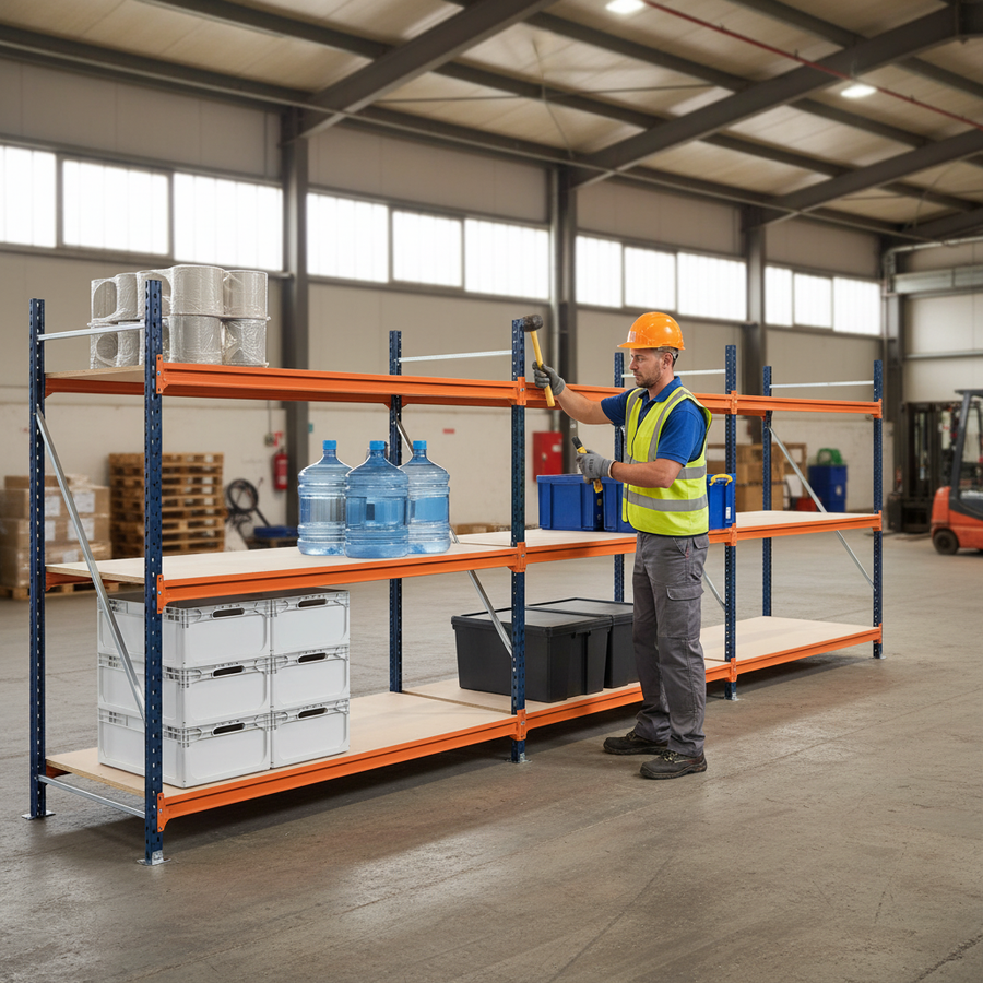 3x Heavy Duty Longspan Shelving - 3000mm High - Blue & Orange - Front view