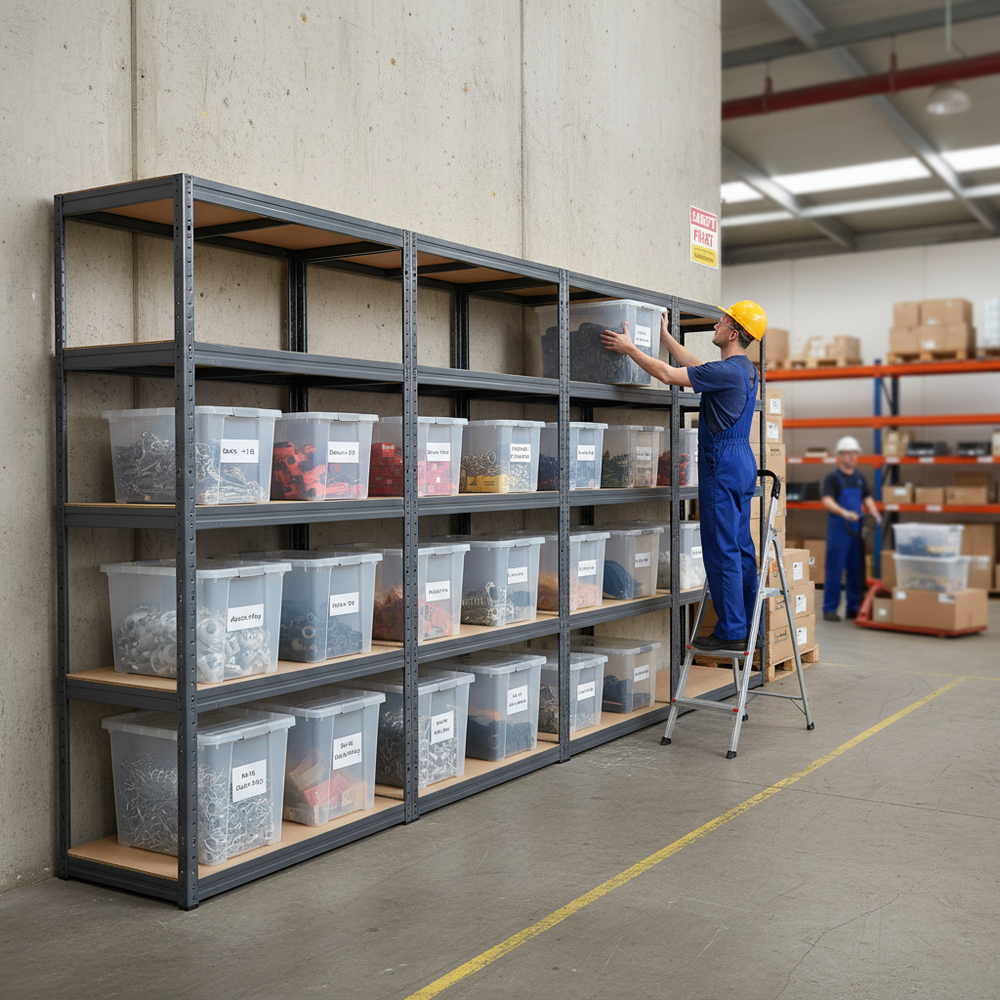 Premium Shelving Units with 12 Heavy Duty Plastic Storage Boxes - 2130mm High - Side view