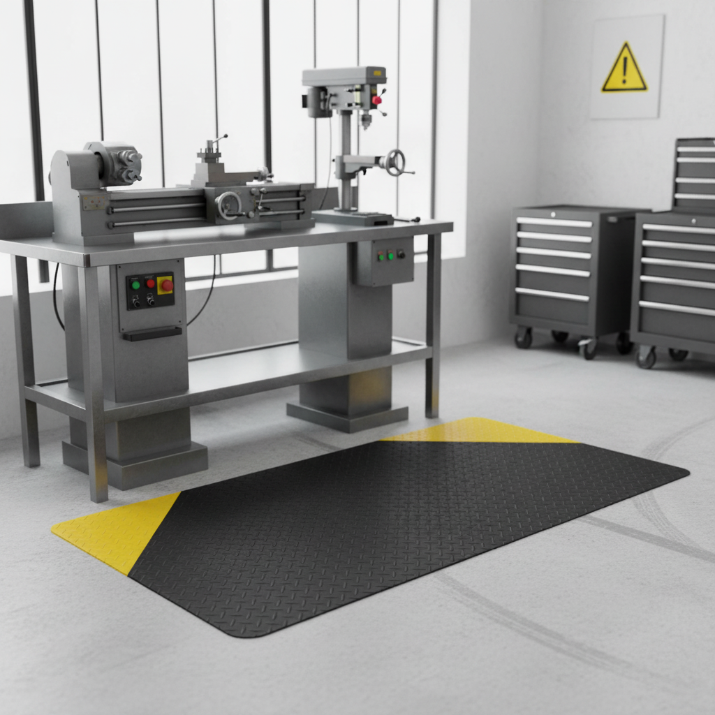 Heavy Duty Anti-Fatigue Mat with Checker Plate Design - Yellow Edges - Front view