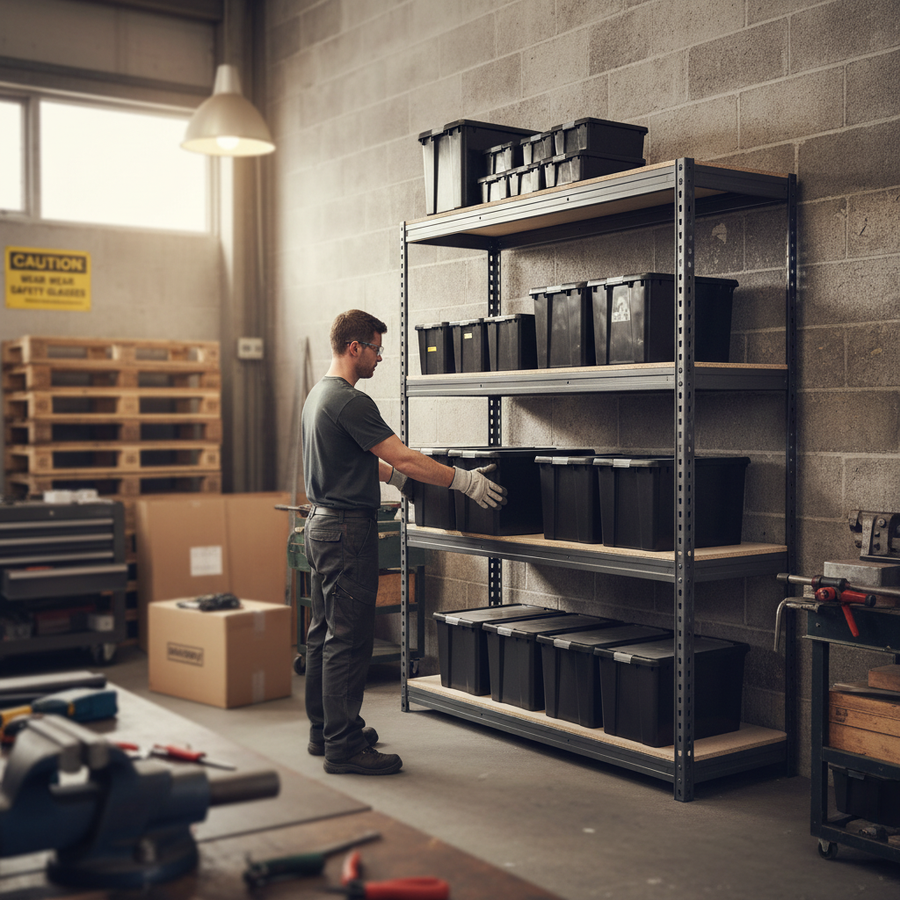 Premium Heavy Duty Shelving with 8x 37L Plastic Storage Boxes - 2200mm High - Grey - Front view