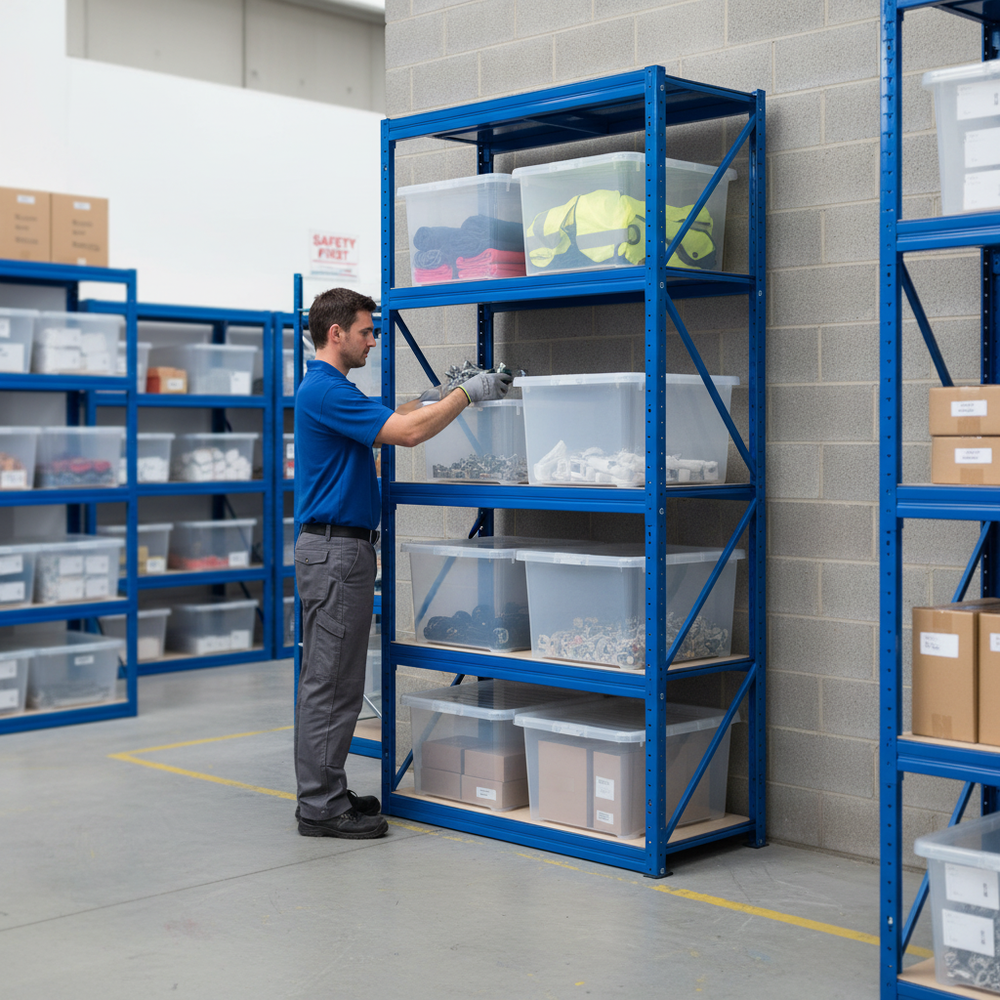 Premium Shelving Unit 2130mm High with 8 Heavy Duty Plastic Storage Boxes - Side view