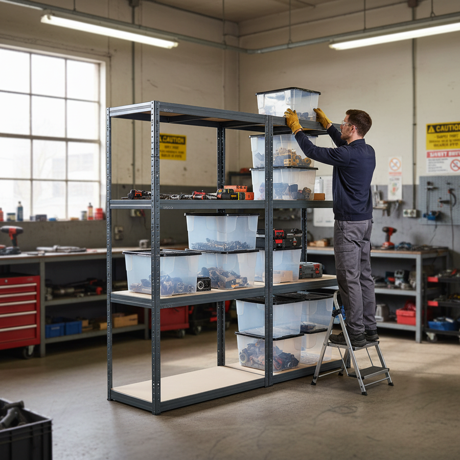 Premium Shelving Units with Storage Boxes - 1600mm High - Grey - Front view