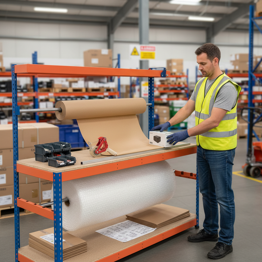 Heavy Duty Packing Station - 1677mm High - 400kg Capacity - Chipboard - Blue & Orange - Front view