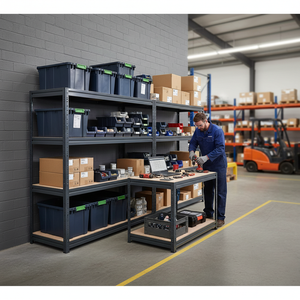 Premium Heavy Duty Industrial Shelving and Workbench Set - Grey - Side view