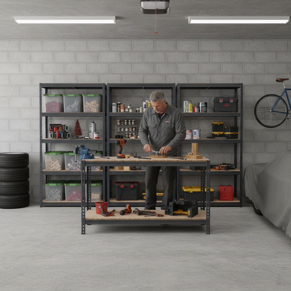 3x Heavy Duty Shelving Units - 1800mm High & 1x Workbench - 1600mm Wide - Grey - Side view