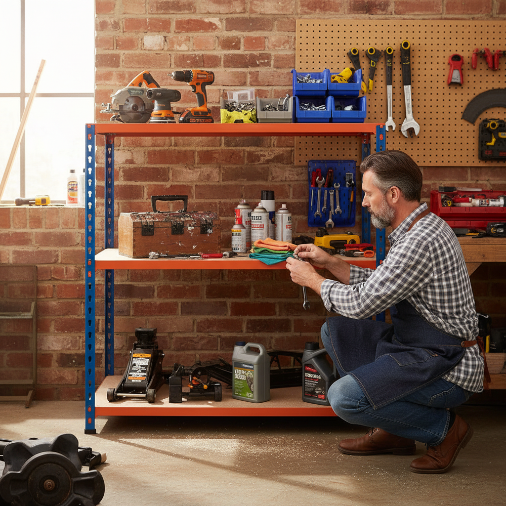 Heavy Duty Workbench - 915mm High - 340kg Capacity - Chipboard - Blue/Orange - Side view