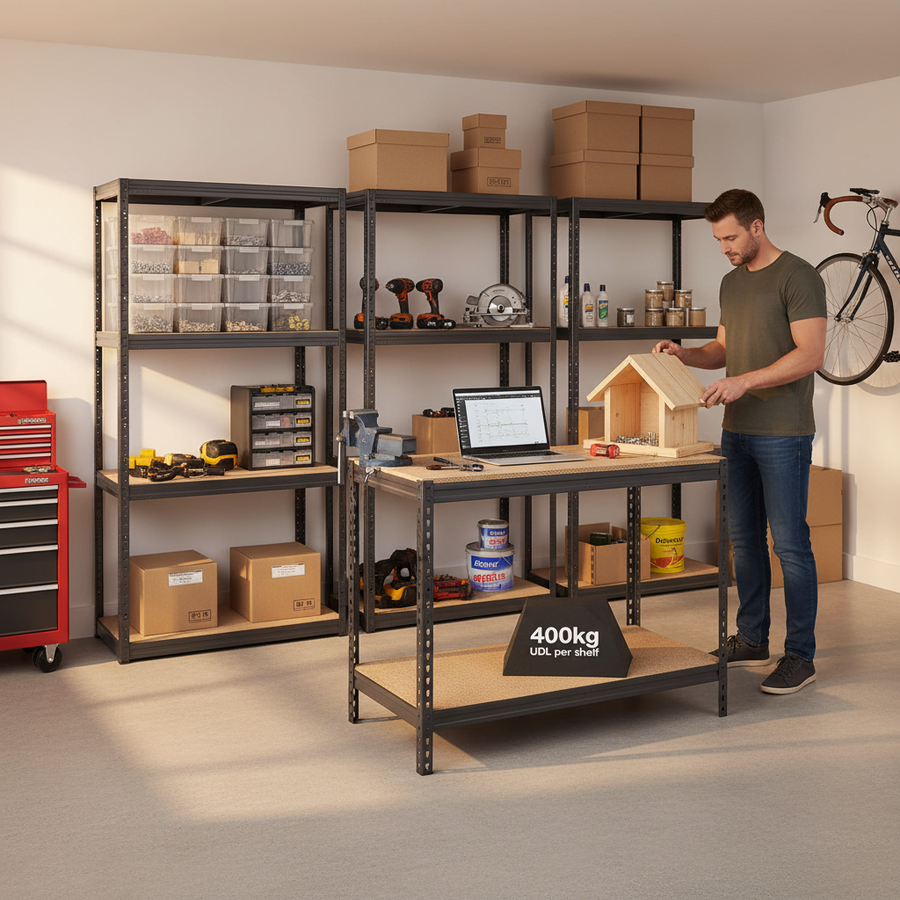 3x Heavy Duty Shelving Units - 1600mm High & 1x Workbench - 1200mm Wide - Grey - Front view