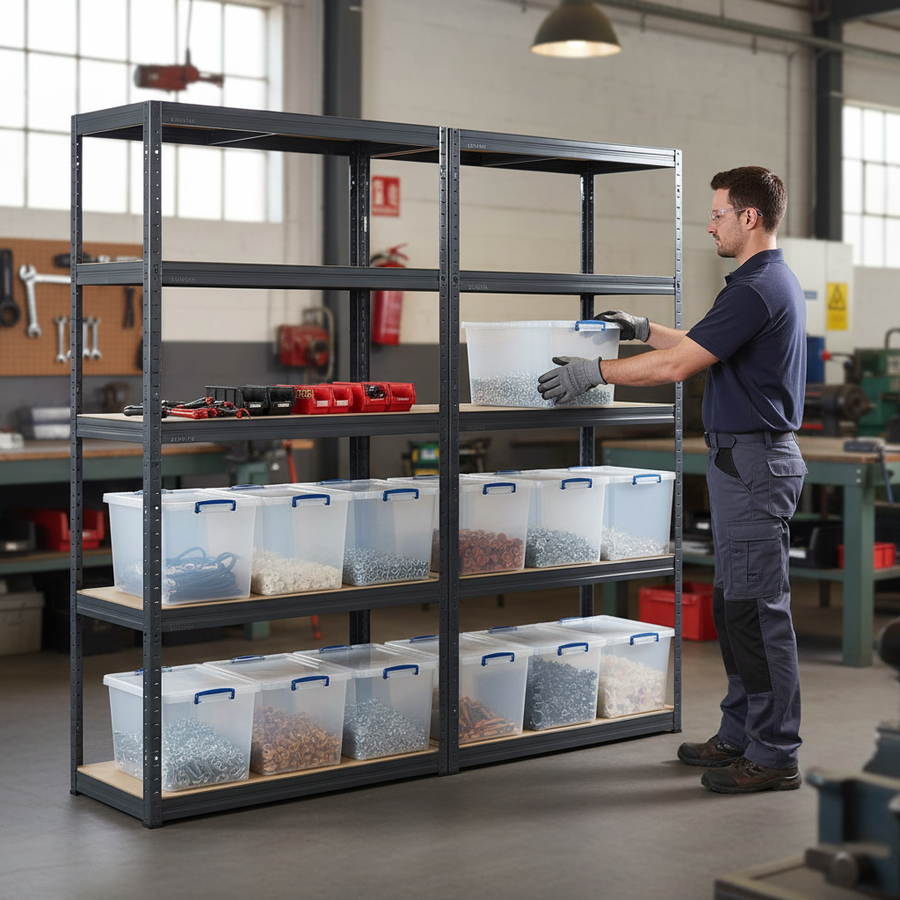 Premium Shelving Units with 12x 33.5L Storage Boxes - 1800mm High - Grey - Front view