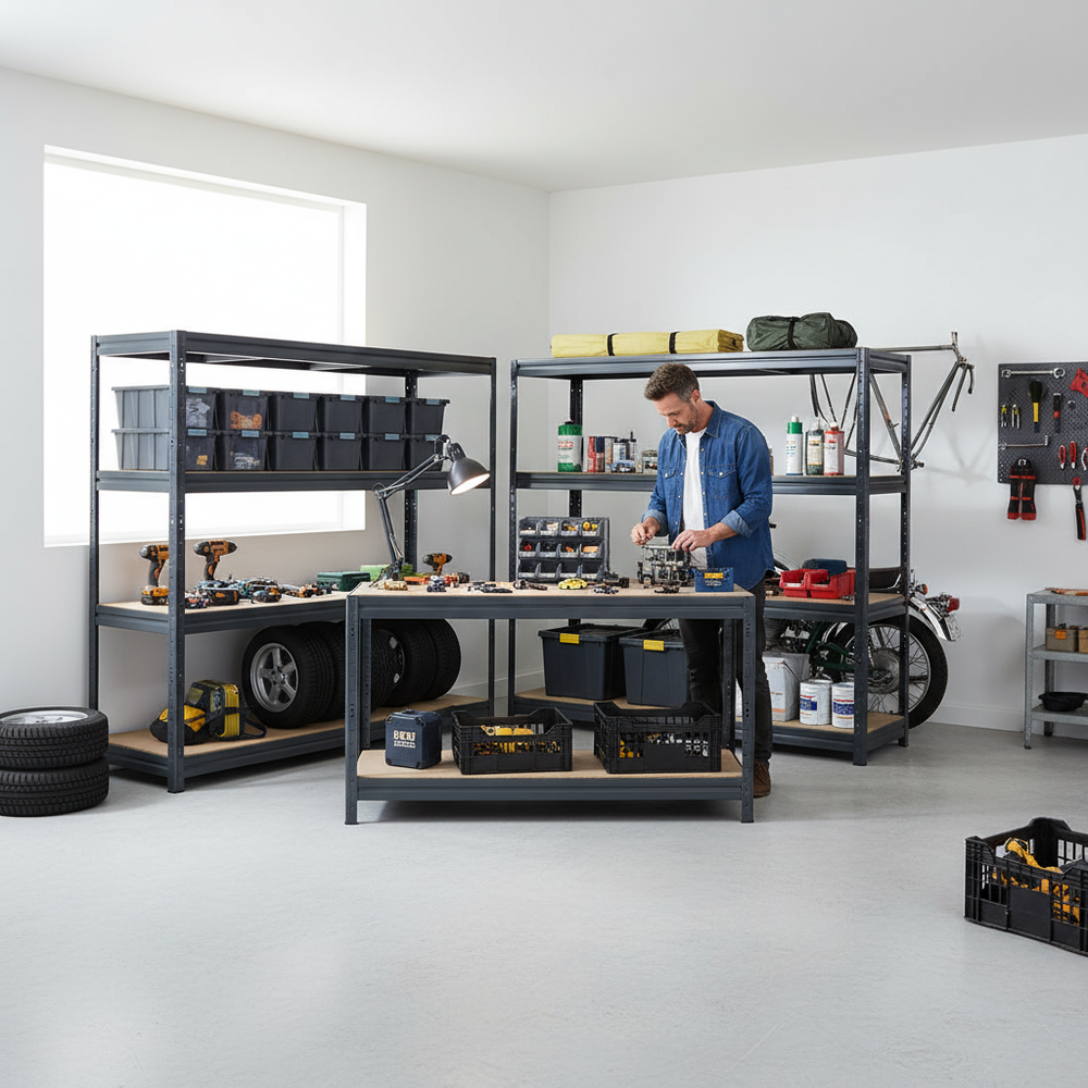 2x Heavy Duty Industrial Shelving - 1770mm High & 1x Professional Workbench - 1600mm Wide - Grey - Side view