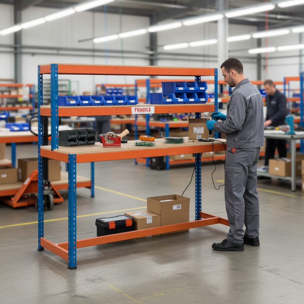 Heavy Duty T-Bar Workstation - 1677mm High - 400kg Capacity - Chipboard - Blue & Orange - Side view