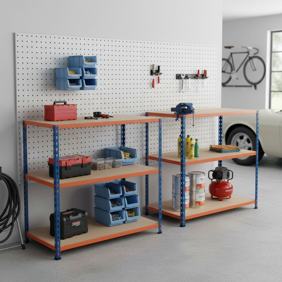 Premium Workbenches - 915mm High - 200kg Capacity - Chipboard - Blue/Orange - Front view