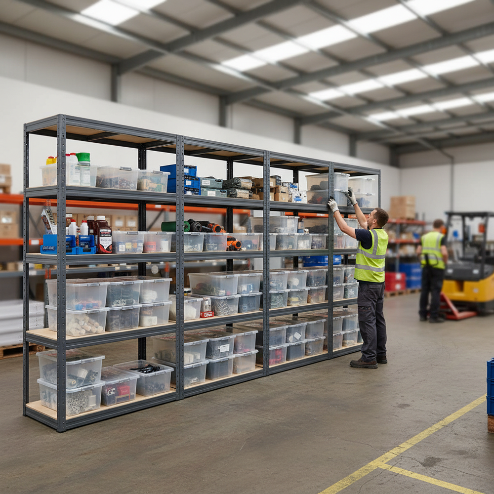 Premium Shelving Units with Plastic Storage Boxes - 2130mm High - Side view