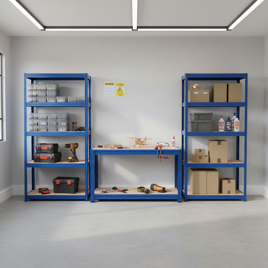 Premium Shelving Units and Workbench - Heavy Duty Storage Solution - Front view