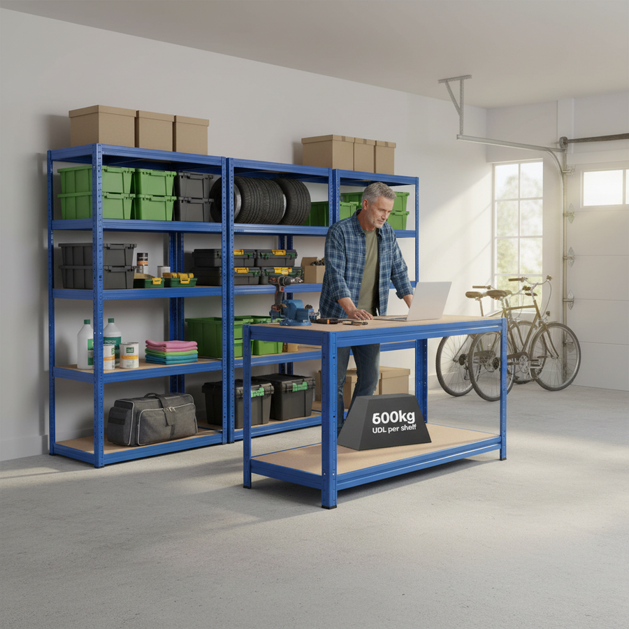 3x Heavy Duty Shelving Units - 1800mm High & 1x Professional Workbench - 1600mm Wide - Blue - Front view