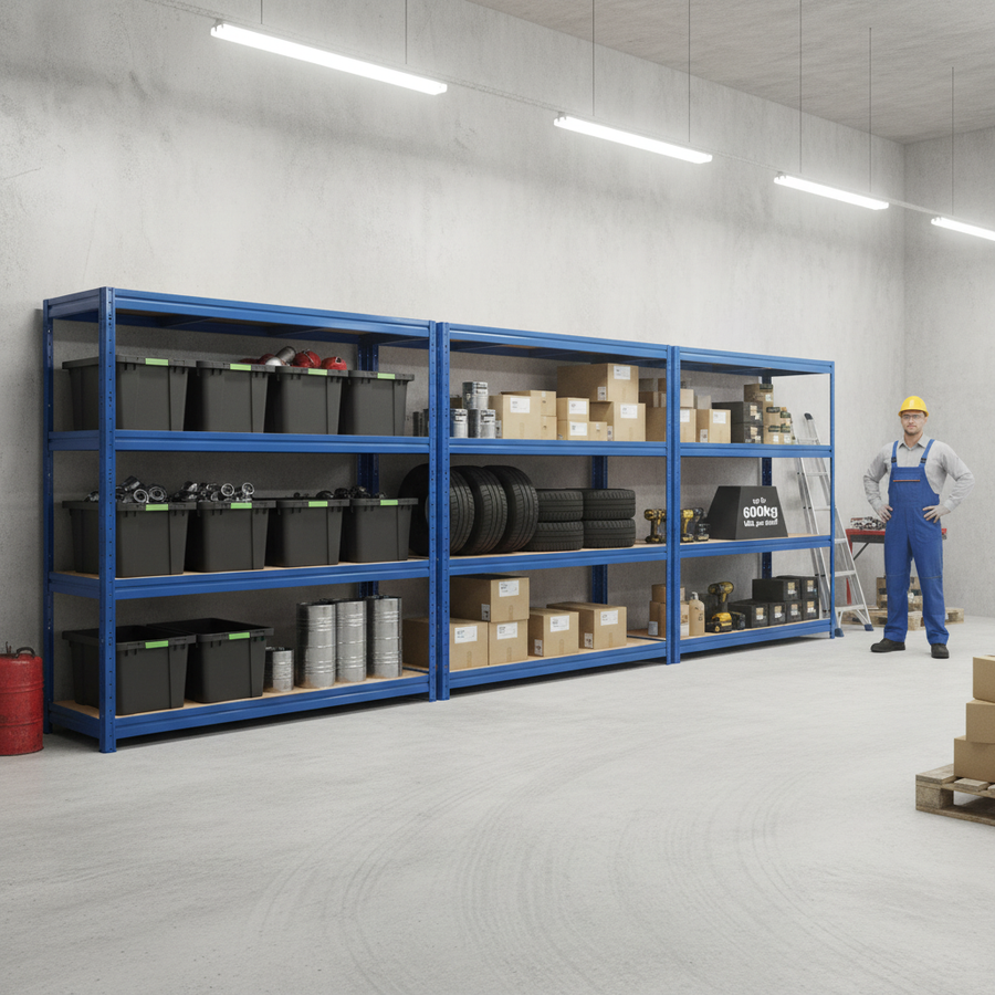 Premium Heavy Duty Garage Shelving - 1770mm High - 600kg Capacity - Blue - Front view