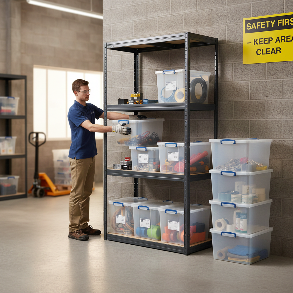 Premium Shelving Unit - 1600mm High - Grey with 8x 33.5L Storage Boxes - Side view