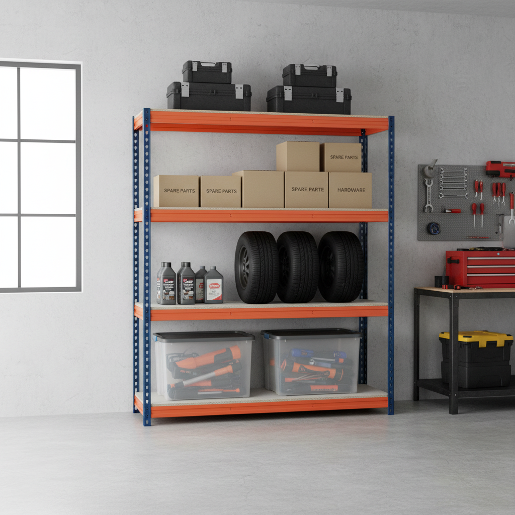 Heavy Duty Garage Shelving Unit - 1600mm High - 500kg Load Capacity - Blue & Orange - Front view