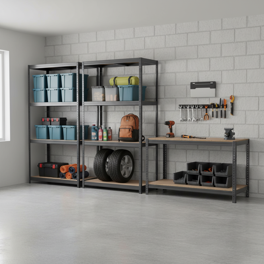 Premium 2x Shelving Units & 1x Heavy Duty Workbench - 1600mm High & Wide - Grey - Front view