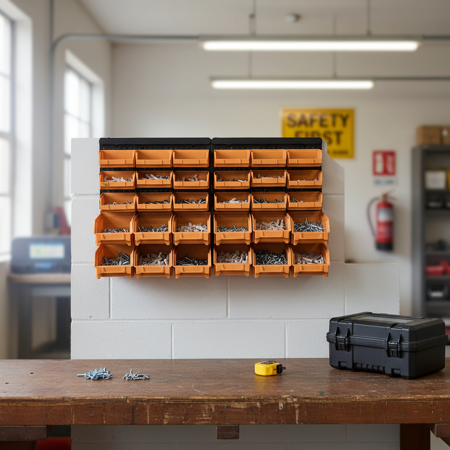 Heavy Duty Wall Mounted Louvre Panel Parts Bin Kits for Storage - Front view