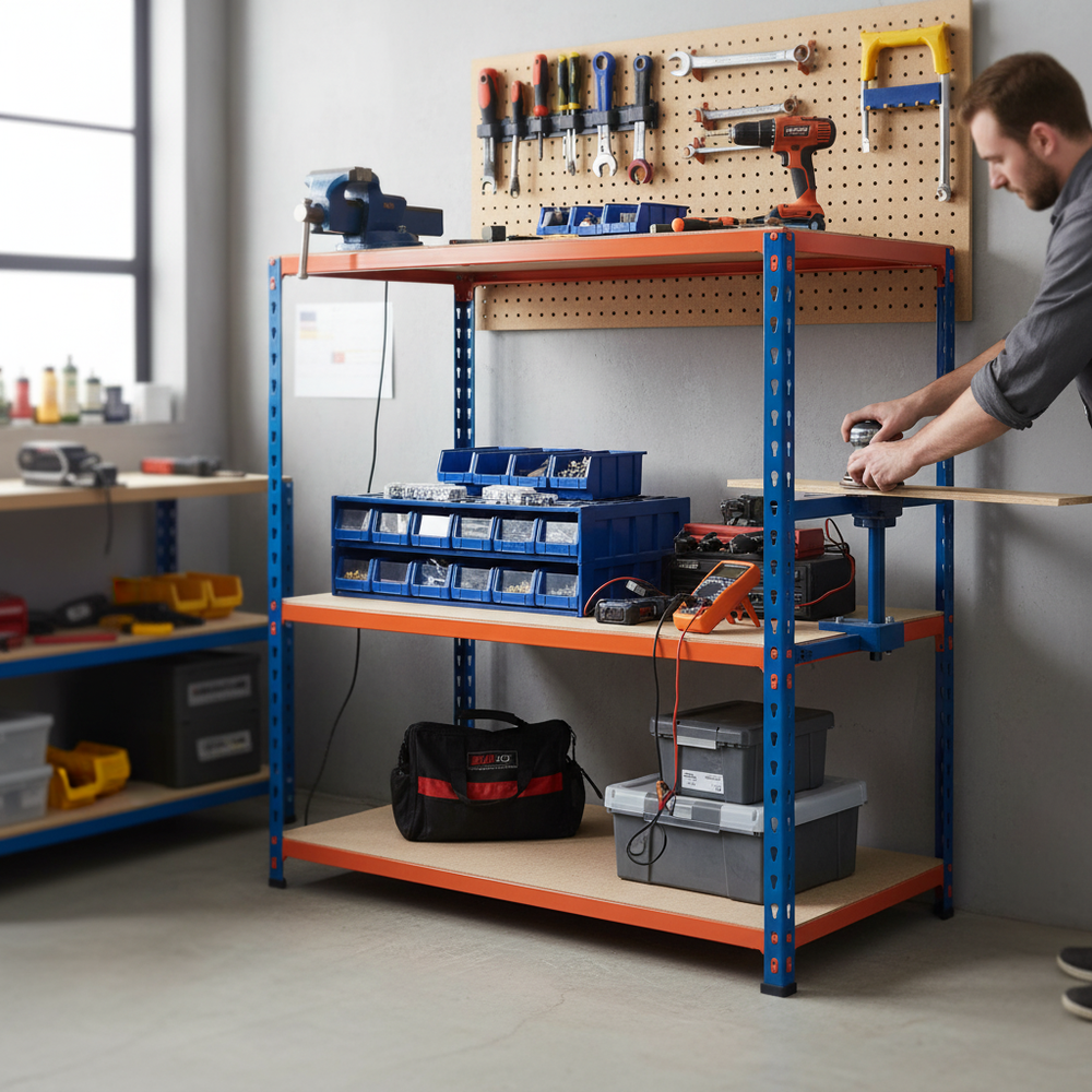 Heavy Duty Workbench - 915mm High - 200kg Capacity - Chipboard - Blue/Orange - Side view