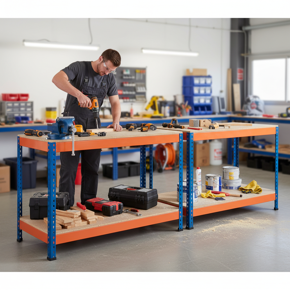 Premium Workbenches - 915mm High - 800kg Capacity - Chipboard - Blue/Orange - Side view