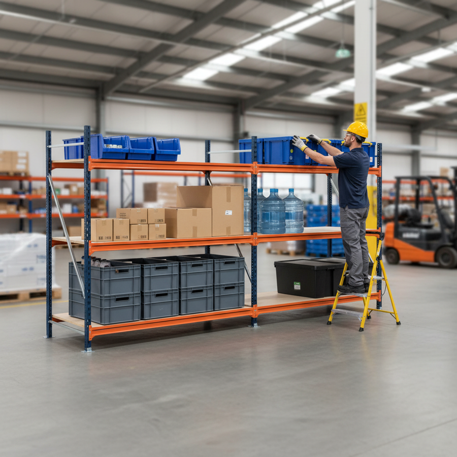 2x Heavy Duty Longspan Shelving - 3000mm High - Blue & Orange - Front view