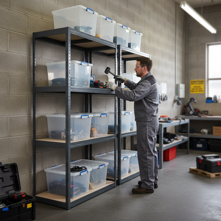 Premium Shelving Units with 8 Clear Plastic Storage Boxes - 1600mm High - Front view