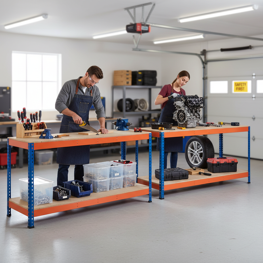 Premium Workbenches - 915mm High - 800kg Capacity - Chipboard - Blue/Orange - Front view