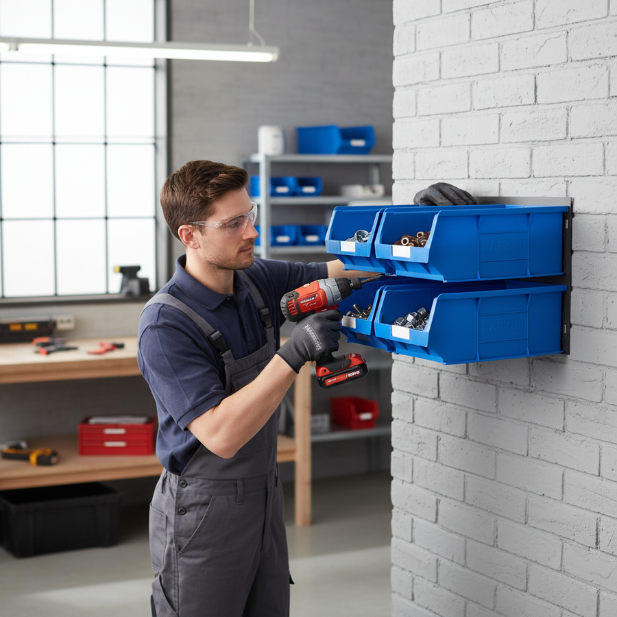 Premium Louvre Panel Kit with 4 Blue Parts Bins for Organization - Front view