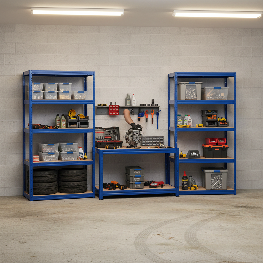 Premium Shelving Units and Workbench - Heavy Duty Storage Solution - Side view