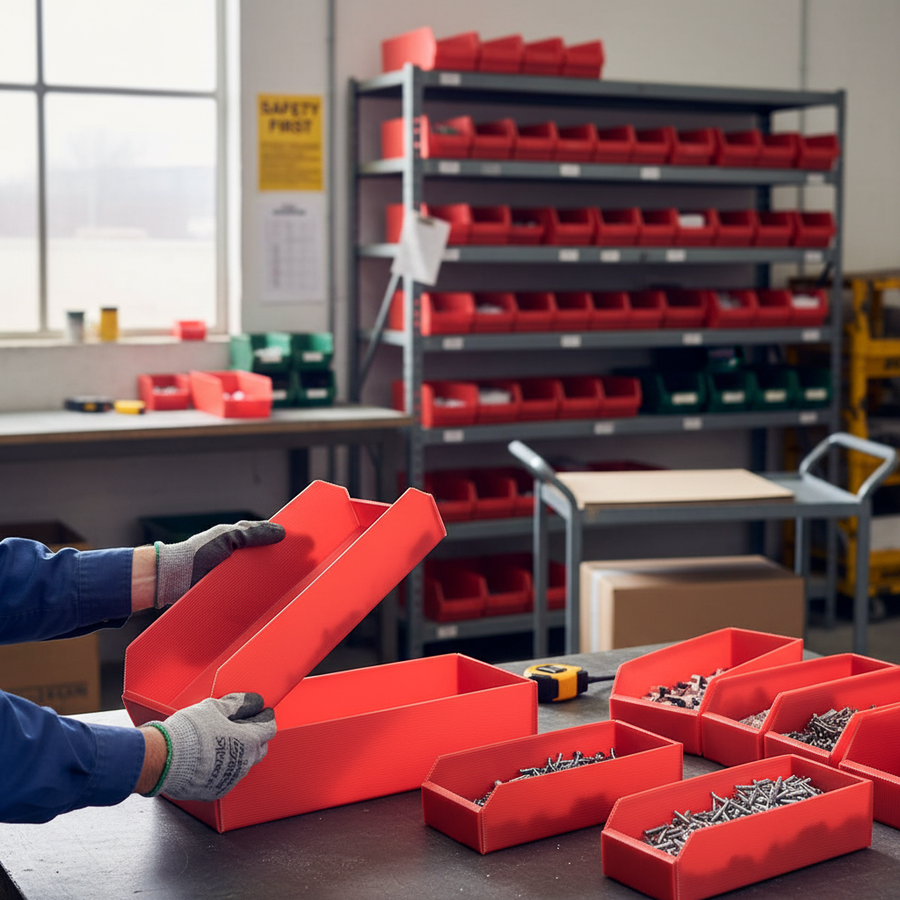 Heavy Duty Flat Pack Corrugated Plastic Parts Bins - Versatile Storage Solution - Front view