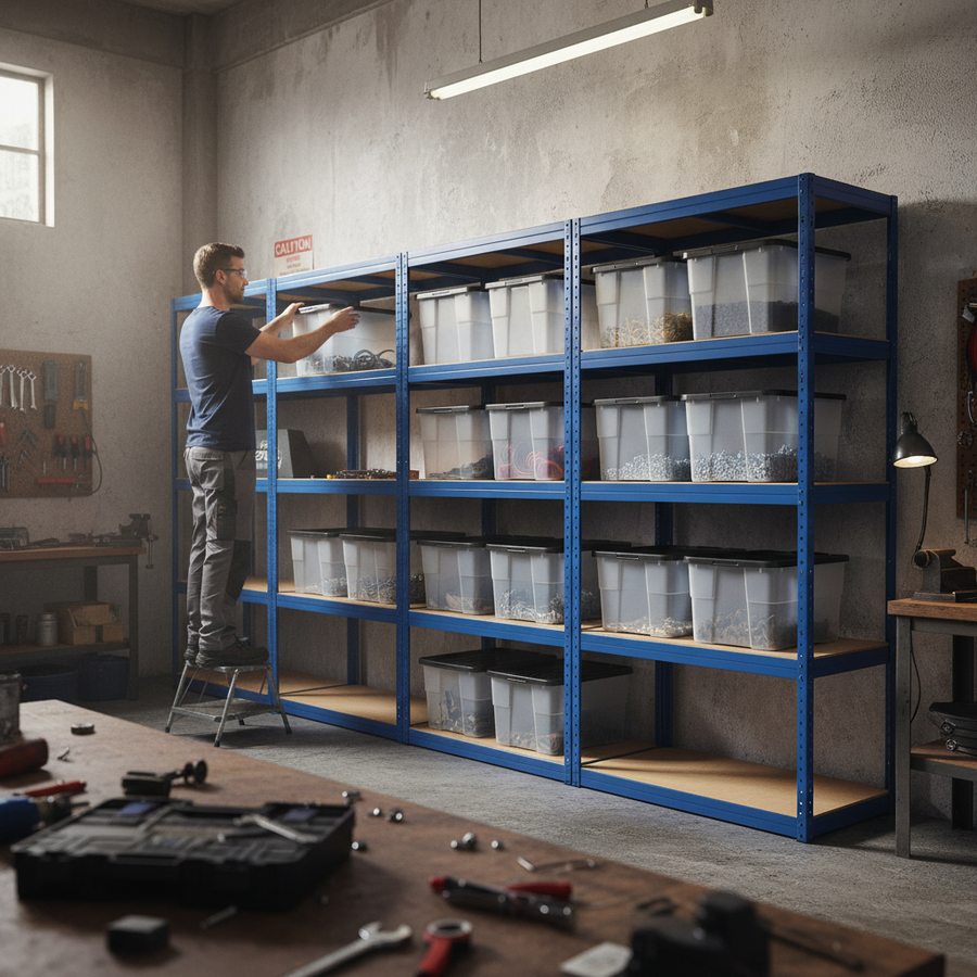 Premium Shelving Units with Storage Boxes - 1800mm High - Blue - Front view