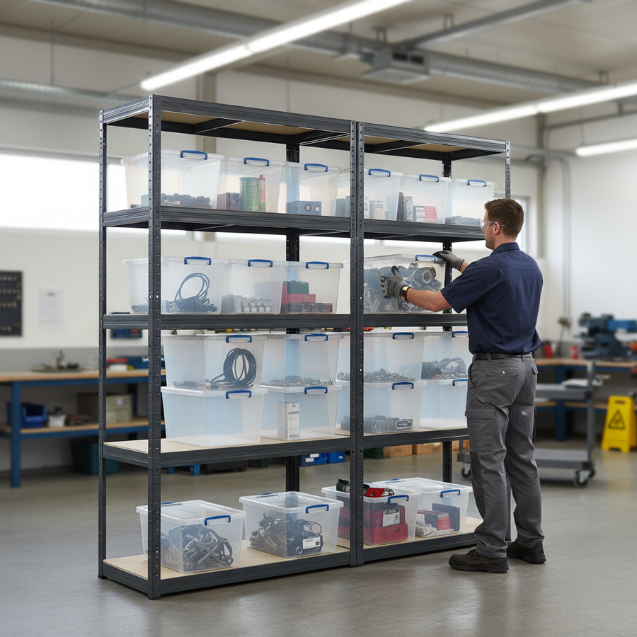 Premium Shelving Units - 1800mm High - Grey with 8x 33.5L Storage Boxes - Front view