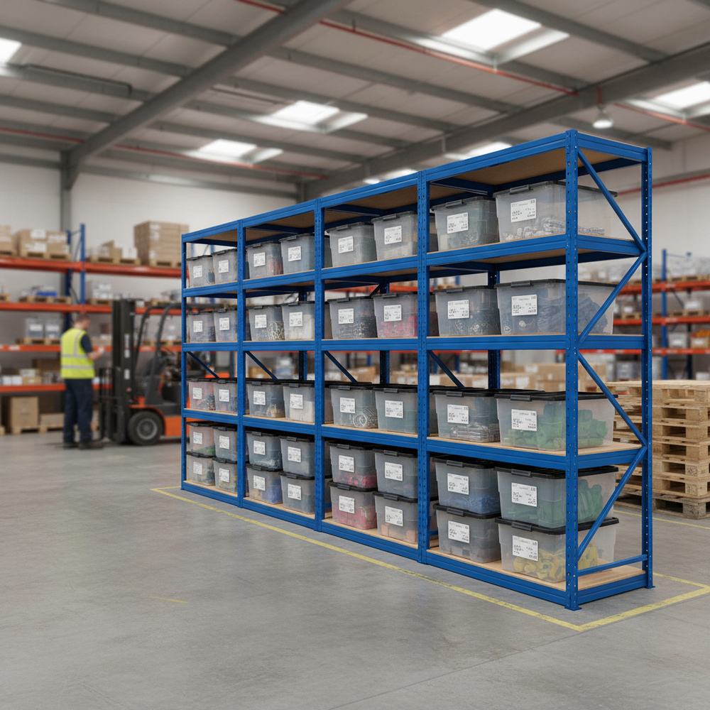 Premium Shelving Units with Storage Boxes - 1800mm High - Blue - Side view
