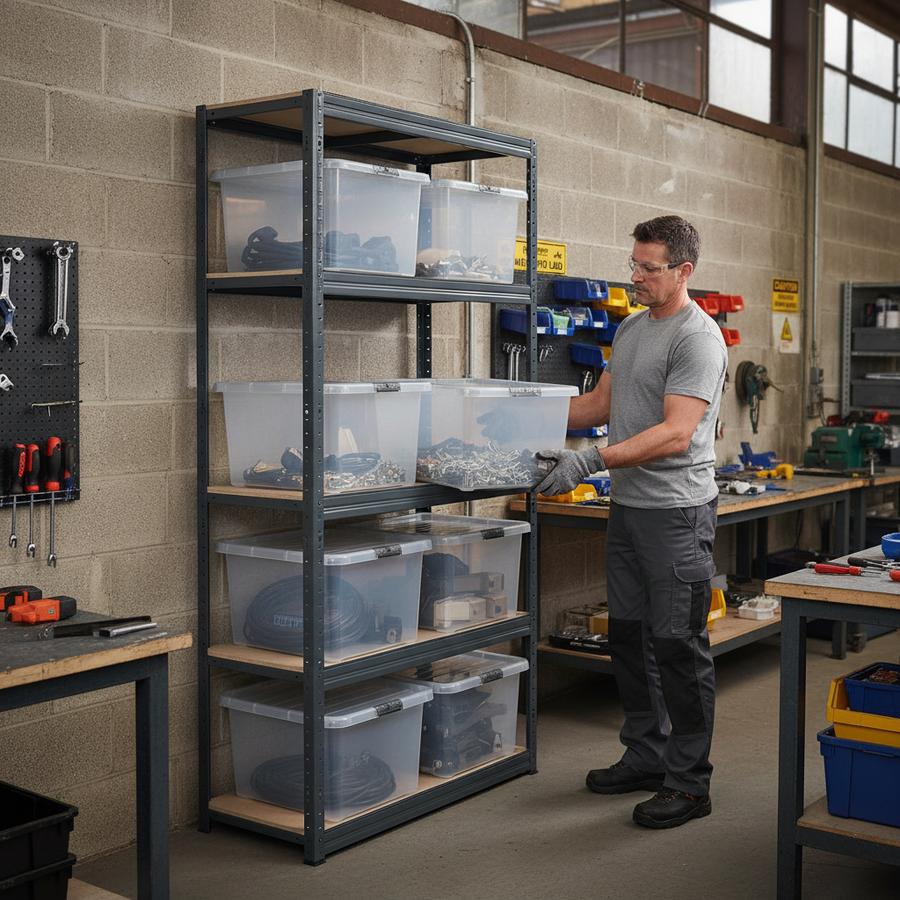 Premium Shelving Unit - 2130mm High - Grey with 8x 60L Plastic Storage Boxes - Front view