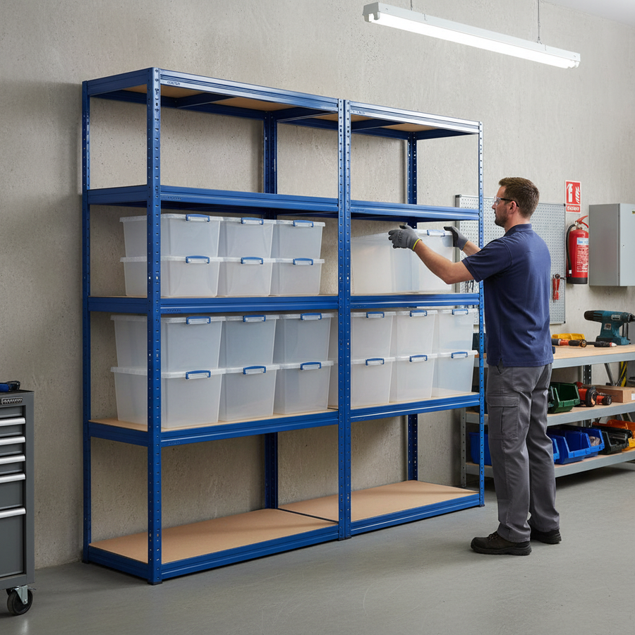 Premium Shelving Units with 8x 33.5L Storage Boxes - 2130mm High - Front view