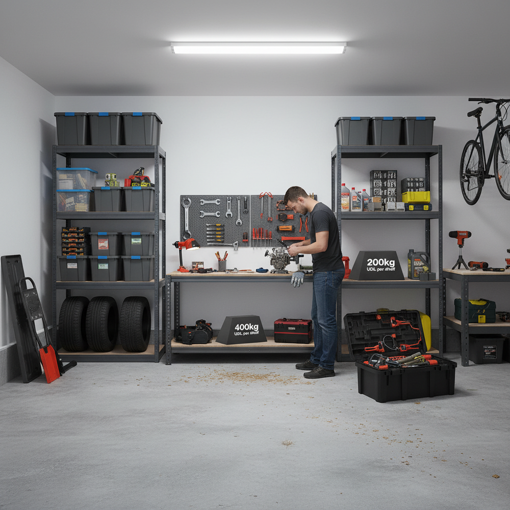 4 Heavy Duty Shelving Units and 1 Workbench - 1600mm High & Wide - Grey - Side view