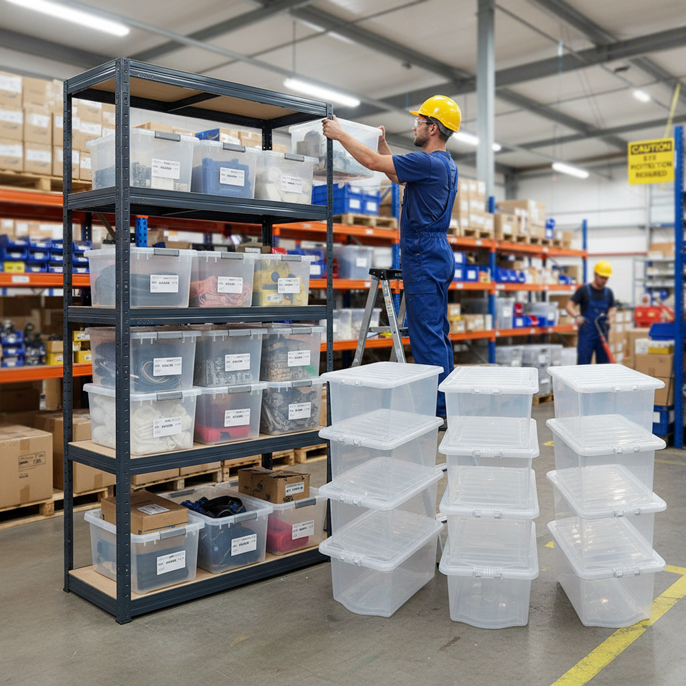 Premium Shelving Unit with 12 Heavy Duty Plastic Storage Boxes - 2130mm High - Side view