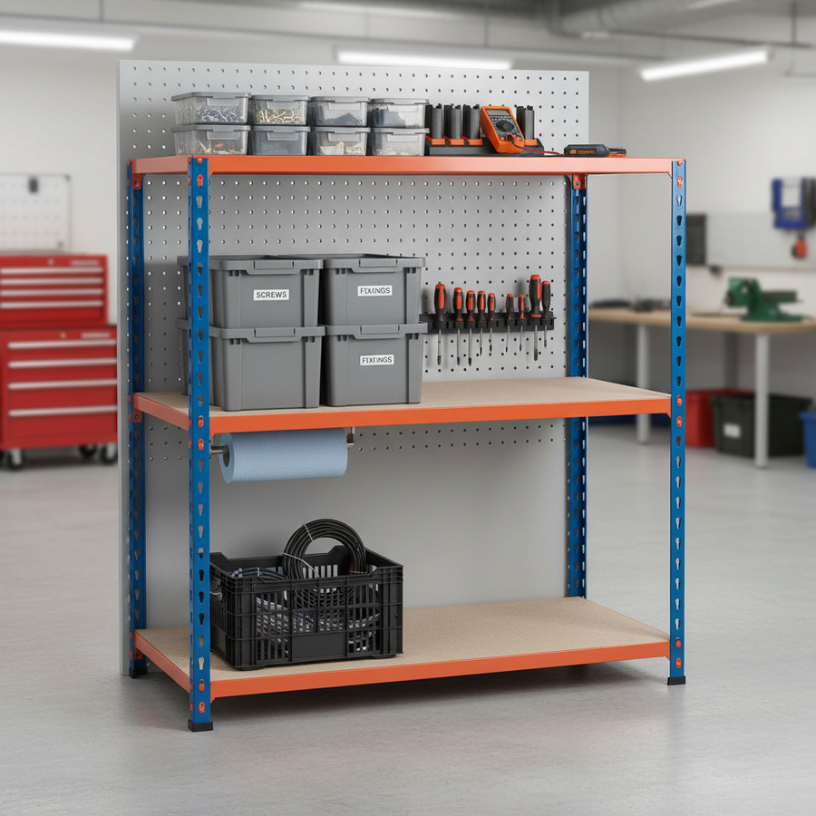 Heavy Duty Workbench - 915mm High - 200kg Capacity - Chipboard - Blue/Orange - Front view